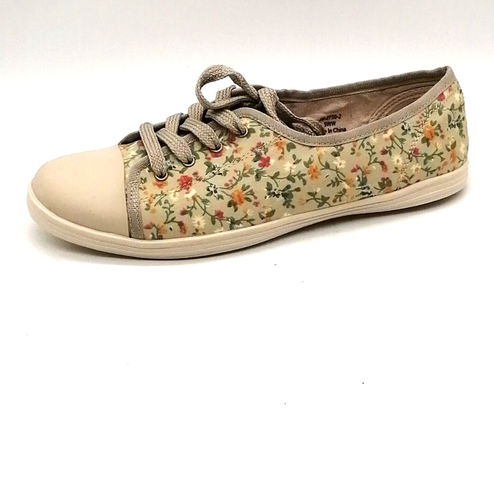Comfortview Shoes Womens Sneaker Beige Floral Cap Toe Lace Up Casual 9WW